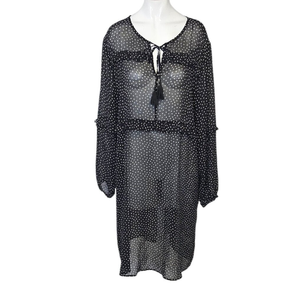 Garnet Hill Womens Sheer Pop Over 100% Silk Dress, Tunic, Tie Neck Fringe, L